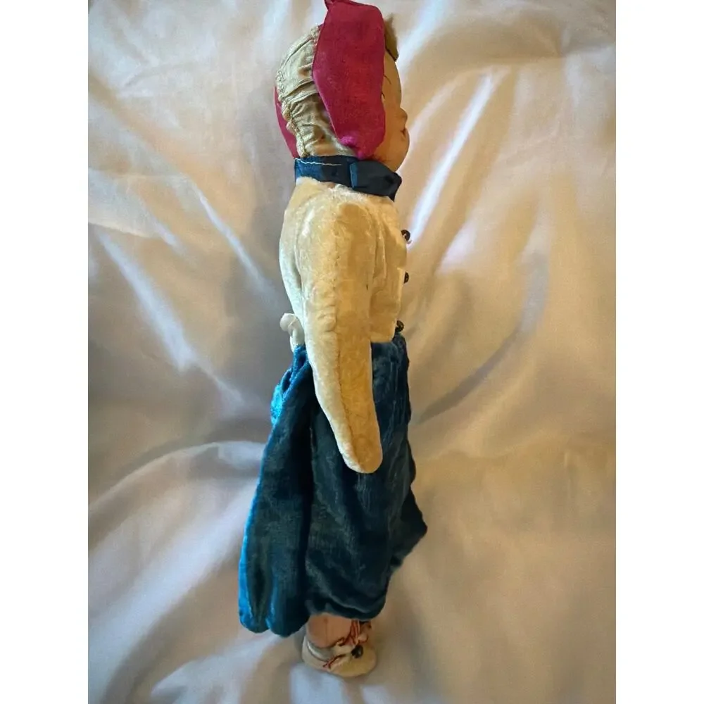 Vintage Cloth Doll Painted Face Bonnet Blue Velvet Dress Handmade 11